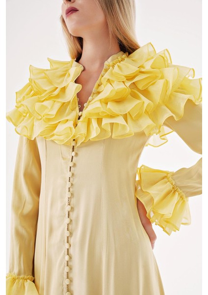 Sarı Hakim Yaka Fırfır Detaylı Gömlek Elbise 94465 indirimleri