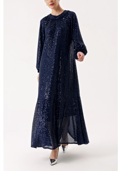 Lacivert Büzgü Detaylı Balon Kollu Payetli Elbise 94468