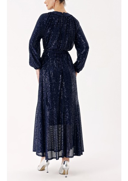 Lacivert Büzgü Detaylı Balon Kollu Payetli Elbise 94468 fırsatları