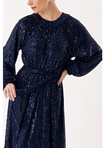 Lacivert Büzgü Detaylı Balon Kollu Payetli Elbise 94468 indirimleri