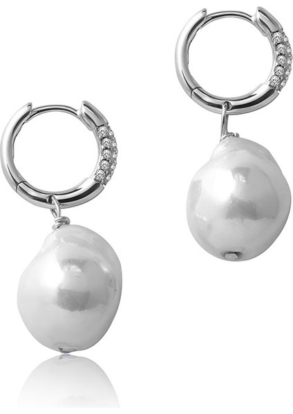 Gümüş Doğal Inci Şeklinde Halka Kristal Taş Detaylı 925 Ayar Gümüş Küpe 109