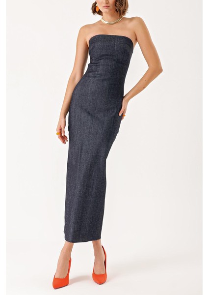 Lacivert Straplez Vücuda Oturan Uzun Elbise 94385