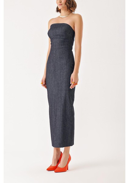 Lacivert Straplez Vücuda Oturan Uzun Elbise 94385 modelleri