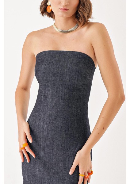 Lacivert Straplez Vücuda Oturan Uzun Elbise 94385 indirimleri