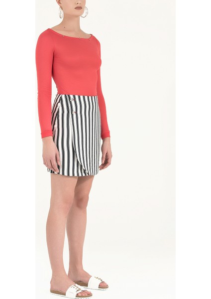 Beyaz Çizgili Keten Mini Etek 80886