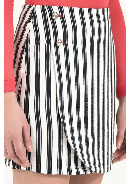 Beyaz Çizgili Keten Mini Etek 80886