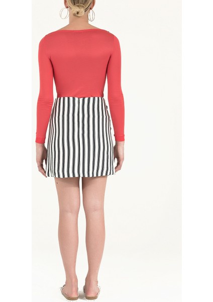 Beyaz Çizgili Keten Mini Etek 80886