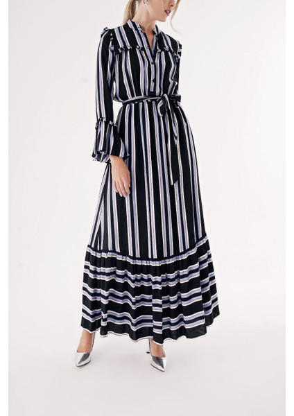 Siyah Beli Lastikli Büzgülü Uzun Elbise 94541