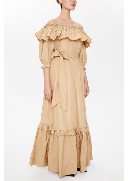 Vizon Düşük Omuzlu Fırfırlı Uzun Elbise 93073 fiyatları