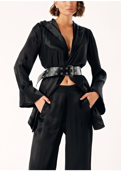 Siyah Kapüşonlu Üst ve Pantolonlu Ikili Takım 12325