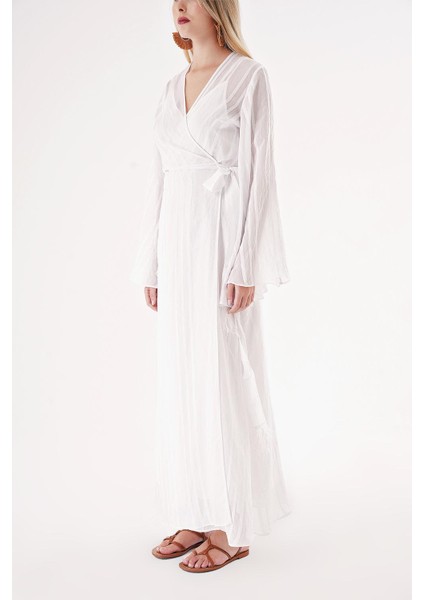 Beyaz Transparan Astarlı Kruvaze Elbise 94357 modelleri