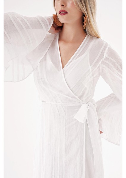 Beyaz Transparan Astarlı Kruvaze Elbise 94357 indirimleri