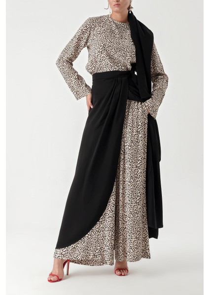 Siyah Bej Beli Lastikli Pantolonlu Etekli Şallı Dörtlü Takım 12327