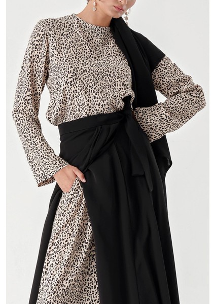 Siyah Bej Beli Lastikli Pantolonlu Etekli Şallı Dörtlü Takım 12327 indirimleri