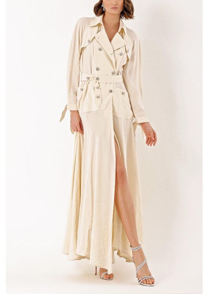 Ekru Kristal Düğme Detaylı Uzun Trenç Elbise 94400