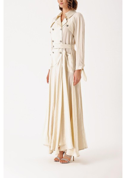 Ekru Kristal Düğme Detaylı Uzun Trenç Elbise 94400 modelleri