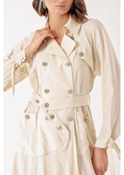 Ekru Kristal Düğme Detaylı Uzun Trenç Elbise 94400 indirimleri