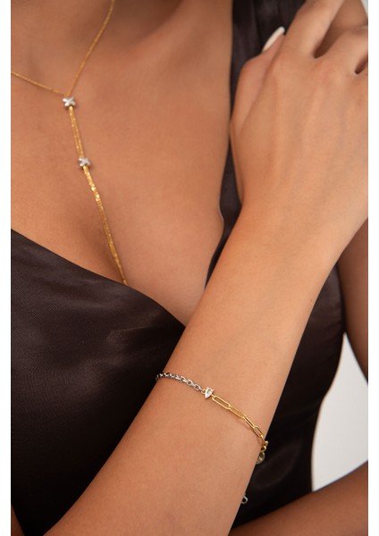 Altın Iki Farklı Zincir ve Taş Detaylı 925 Ayar Gümüş Bileklik 116 fiyatları