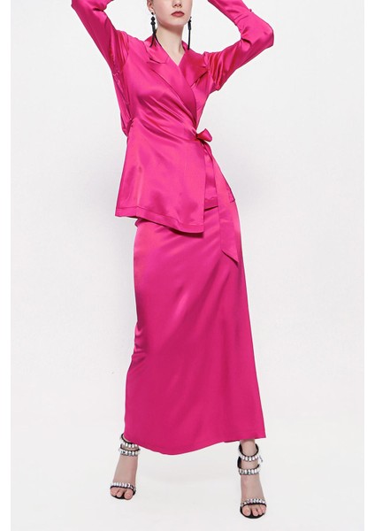 Fuşya Bol Kesim Ceket ve Etekli Takım 12290