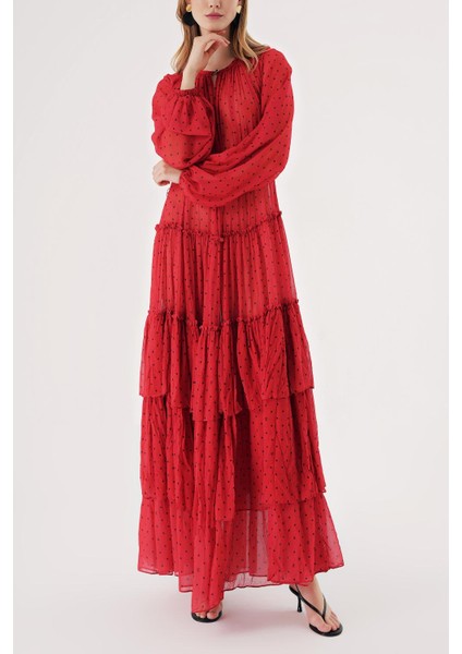 Kırmızı Büzgülü Rahat Kesim Kemerli Uzun Elbise 94515