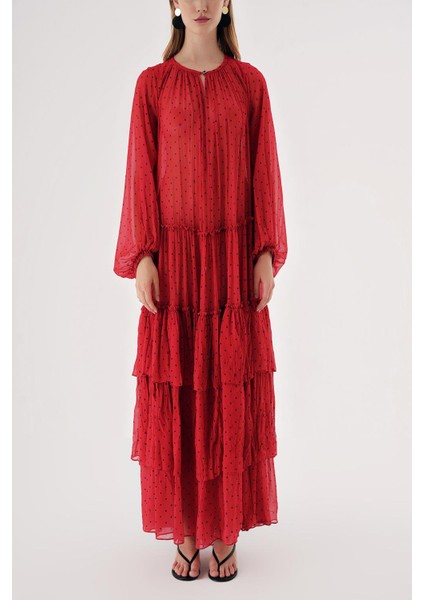 Kırmızı Büzgülü Rahat Kesim Kemerli Uzun Elbise 94515 fiyatları