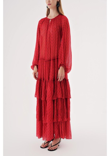 Kırmızı Büzgülü Rahat Kesim Kemerli Uzun Elbise 94515 modelleri