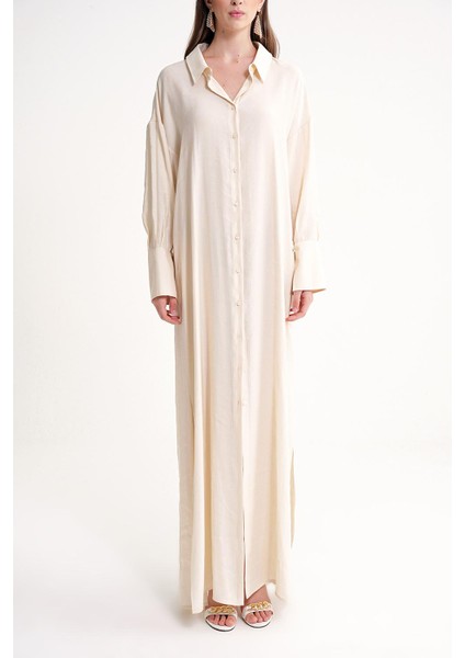 Ekru Arkası Bağcık Detaylı Gömlek Elbise 94579 fiyatları