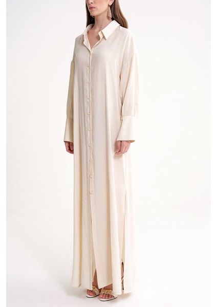 Ekru Arkası Bağcık Detaylı Gömlek Elbise 94579 modelleri