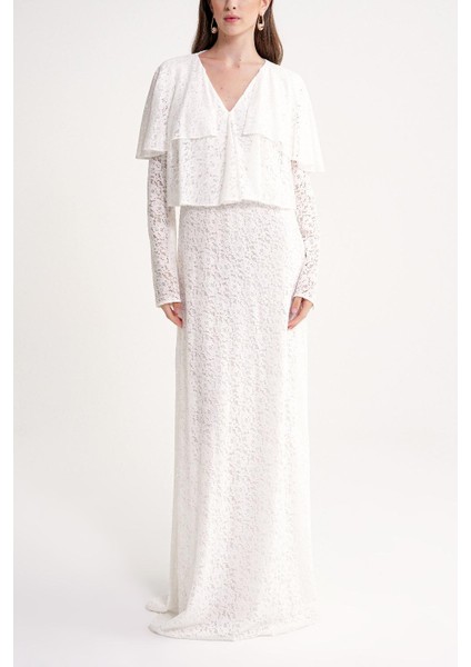 Beyaz Yakası Fırfır Detaylı Uzun Dantel Elbise 94637