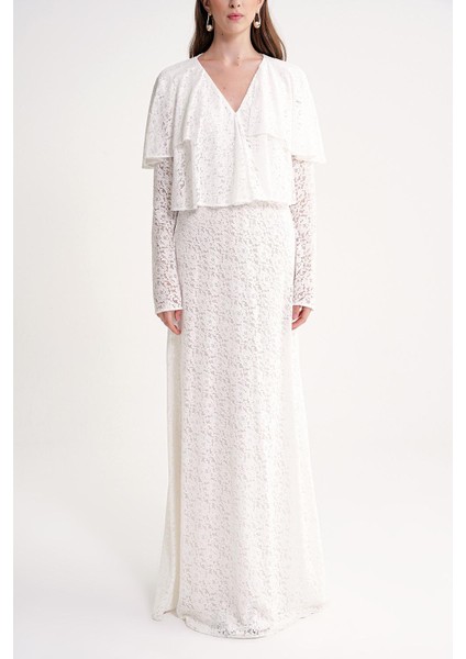 Beyaz Yakası Fırfır Detaylı Uzun Dantel Elbise 94637 fiyatları