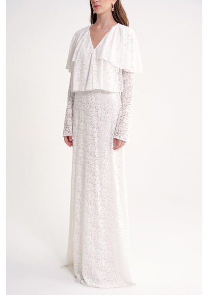 Beyaz Yakası Fırfır Detaylı Uzun Dantel Elbise 94637 modelleri