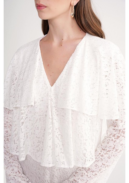 Beyaz Yakası Fırfır Detaylı Uzun Dantel Elbise 94637 indirimleri