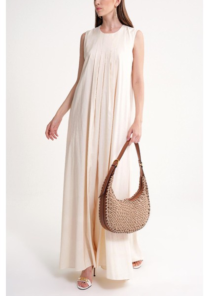 Ekru Pile Detaylı Bol Kesim Keten Elbise 94653