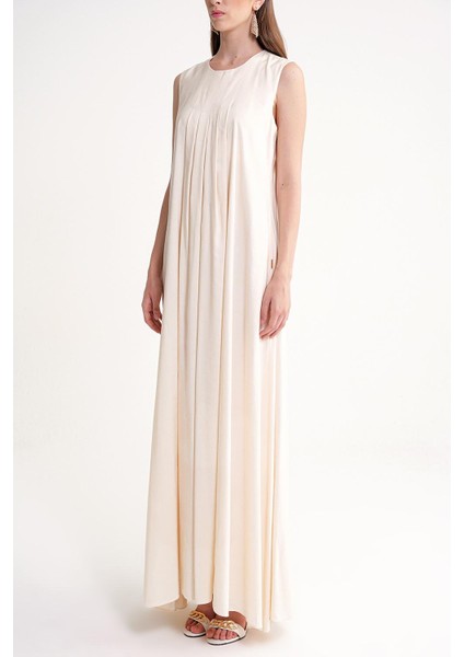 Ekru Pile Detaylı Bol Kesim Keten Elbise 94653 modelleri