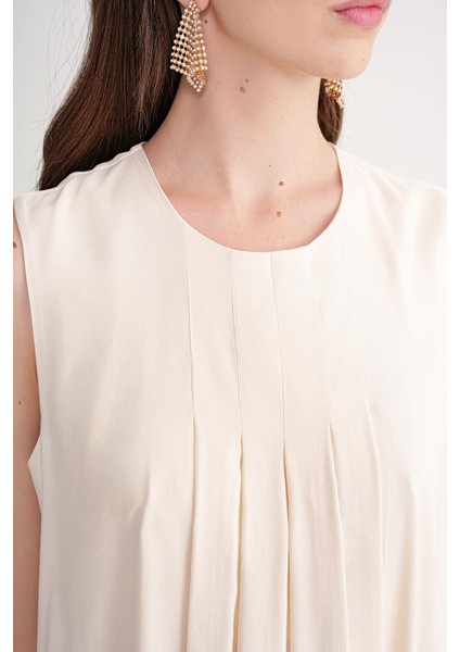 Ekru Pile Detaylı Bol Kesim Keten Elbise 94653 indirimleri