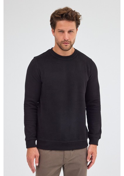 Siyah Uzun Kol Bisiklet Yaka Düz Pamuklu Comfort Fit Sweatshirt 1013255150