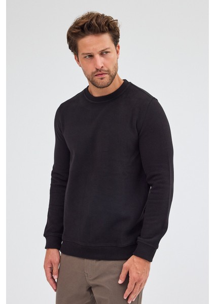 Siyah Uzun Kol Bisiklet Yaka Düz Pamuklu Comfort Fit Sweatshirt 1013255150 indirimleri
