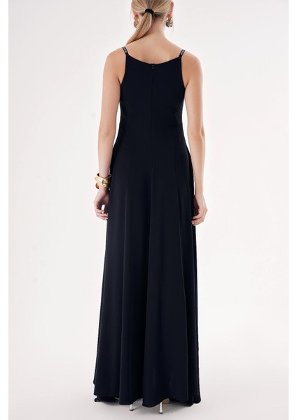 Siyah Askılı Taş Detaylı Rahat Godeli Elbise 94457 fırsatları