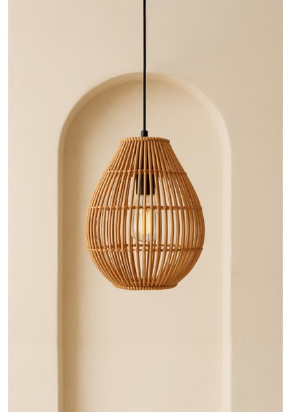 Doğal Rattan Avize, El Yapımı Sarkıt, E27 Duy, LED Uyumlu, Siyah Askı, 25X30 cm