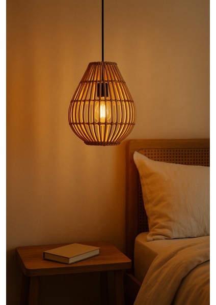 Doğal Rattan Avize, El Yapımı Sarkıt, E27 Duy, LED Uyumlu, Siyah Askı, 25X30 cm fiyatları
