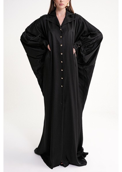 Siyah Bol Kesim Dikiş ve Düğme Detaylı Uzun Elbise 94614