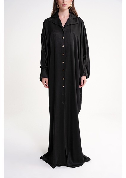 Siyah Bol Kesim Dikiş ve Düğme Detaylı Uzun Elbise 94614 fiyatları