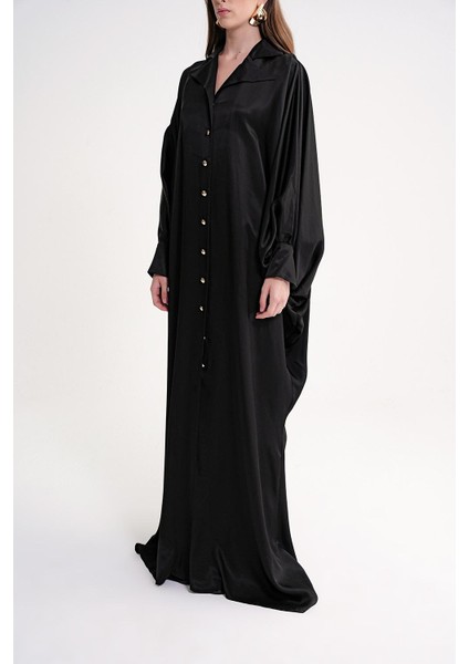 Siyah Bol Kesim Dikiş ve Düğme Detaylı Uzun Elbise 94614 modelleri