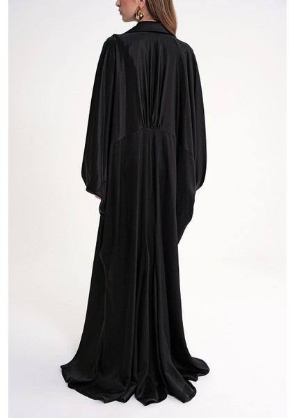 Siyah Bol Kesim Dikiş ve Düğme Detaylı Uzun Elbise 94614 fırsatları