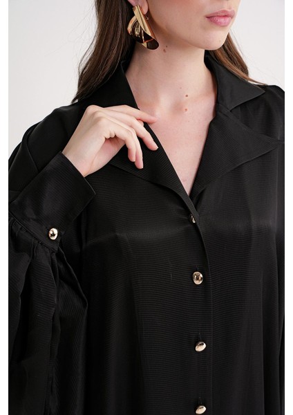 Siyah Bol Kesim Dikiş ve Düğme Detaylı Uzun Elbise 94614 indirimleri