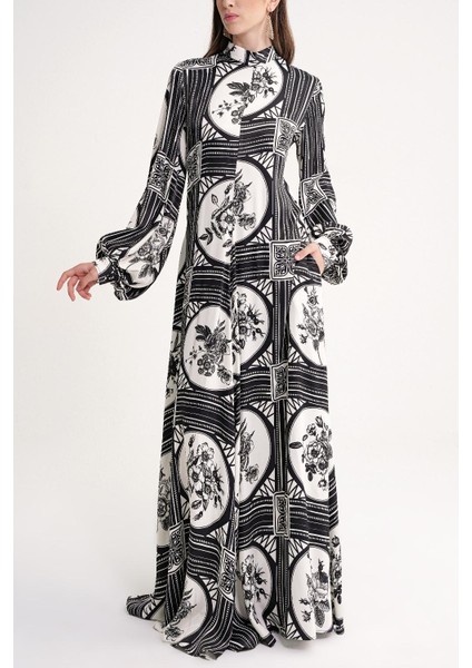 Siyah Bol Kesim Balon Kol Uzun Elbise 94596