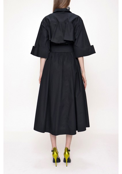 Siyah Anvelop Kapama Poplın Elbise 93540
