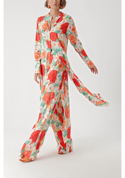 Beyaz Renkli Çiçekli Beli Lastikli Pantolonlu Ikili Takım 12322