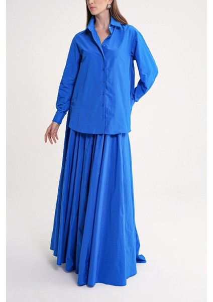 Mavi Yüksek Bel Büzgülü Uzun Etek 81317