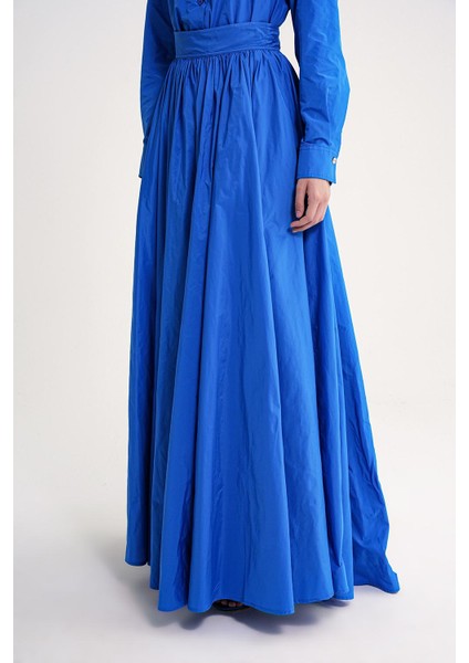 Mavi Yüksek Bel Büzgülü Uzun Etek 81317